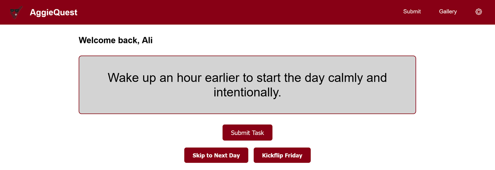 The AggieQuest daily-challenge screen